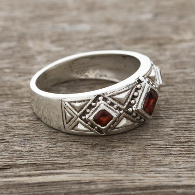 Garnet band ring, 'Radiant Squares' - Garnet Band Ring Crafted in India