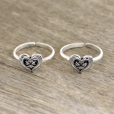 Sterling silver toe rings, 'Friendship Love' (pair) - Heart Motif Sterling Silver Toe Rings from India