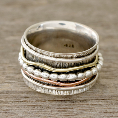 Sterling silver spinner ring, 'Dotted Flair' - Patterned Sterling Silver Spinner Rig with Brass and Copper