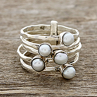 Cultured Pearl Cocktail Ring Crafted in India,'White Glow'