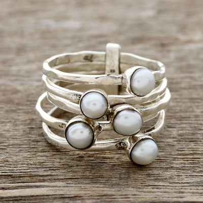 Cultured pearl cocktail ring, 'White Glow' - Cultured Pearl Cocktail Ring Crafted in India