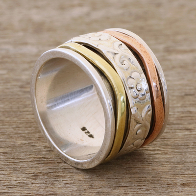 Sterling silver spinner ring, 'Blossom Delight' - Floral Sterling Silver Spinner Ring with Brass and Copper