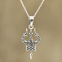 Collar colgante de plata esterlina, 'Shiva's Might' - Collar colgante de plata esterlina que representa el tridente de Shiva