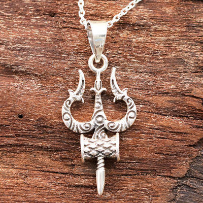 Sterling silver pendant necklace, 'Shiva's Might' - Sterling Silver Pendant Necklace Depicting Shiva's Trident