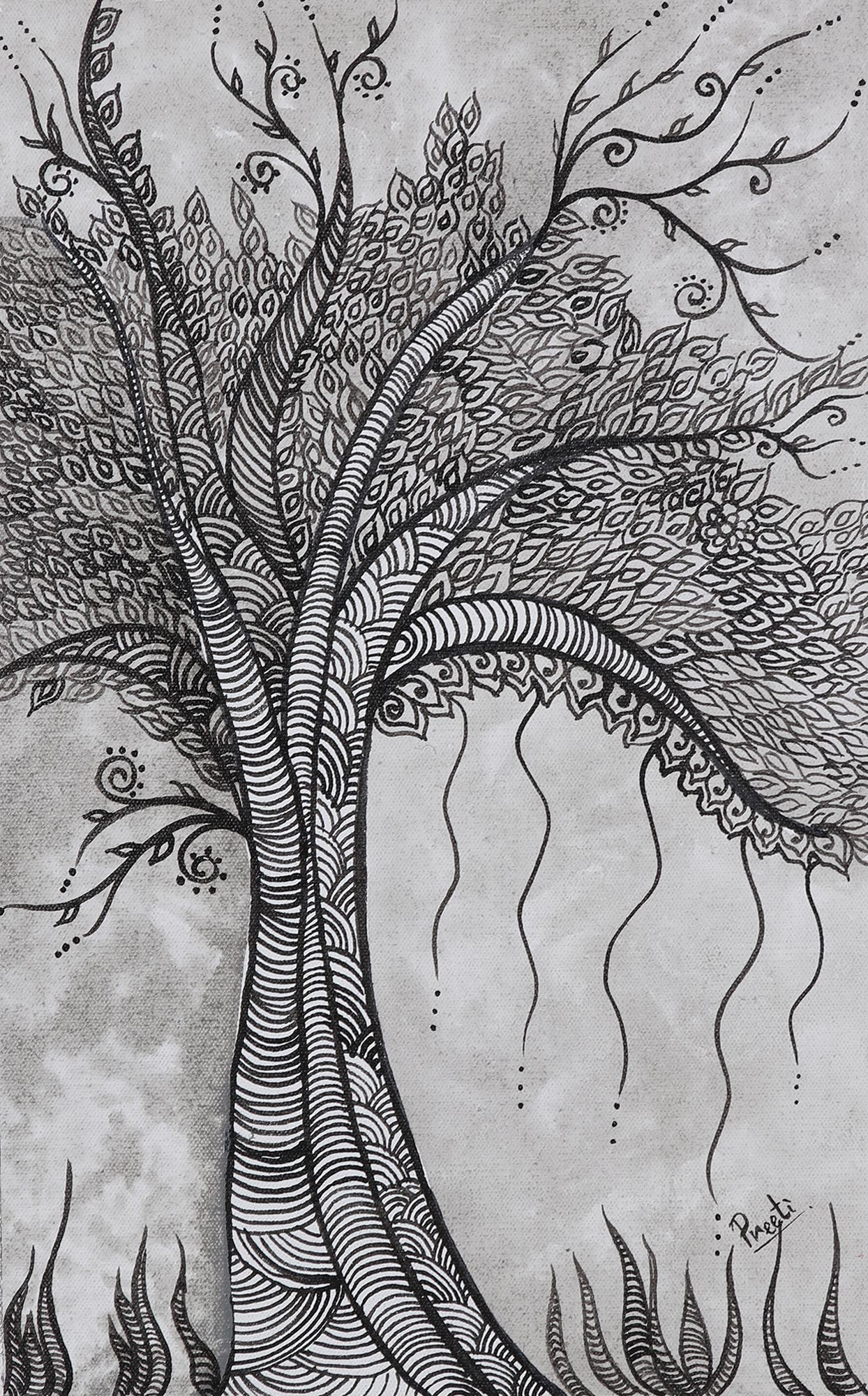 Signed Black and White Folk Art Painting of a Tree - Flourishing Tree ...