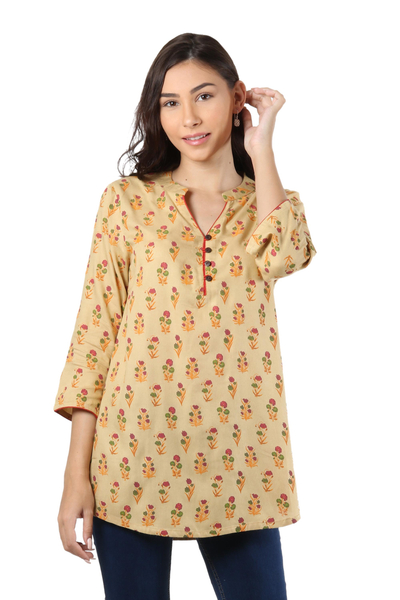 Rayon tunic, 'Beige Blossoms' - Floral Rayon Tunic in Beige from India