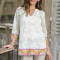 Cotton tunic, 'Madhubani Summer' - Floral Printed Cotton Tunic in Multicolor from India