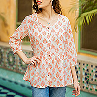 Printed Cotton Blouse in Salmon from India,'Sweet Honeysuckle'