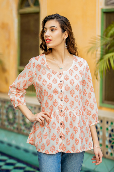 Cotton blouse, 'Sweet Honeysuckle' - Printed Cotton Blouse in Salmon from India