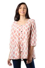 Cotton blouse, 'Sweet Honeysuckle' - Printed Cotton Blouse in Salmon from India