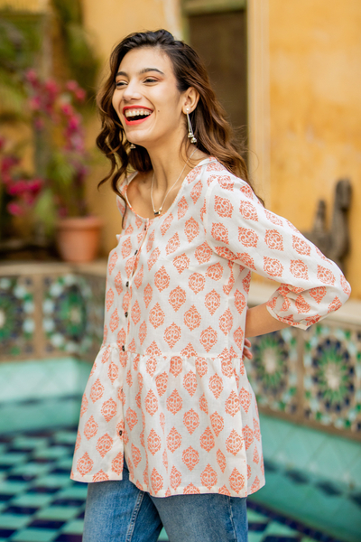 Cotton blouse, 'Sweet Honeysuckle' - Printed Cotton Blouse in Salmon from India