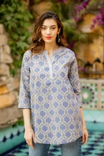 Cotton tunic, 'Royal Ash Grey' - Printed Cotton Tunic in Ash from India