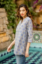Cotton tunic, 'Royal Ash Grey' - Printed Cotton Tunic in Ash from India