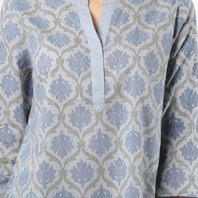 Cotton tunic, 'Royal Ash Grey' - Printed Cotton Tunic in Ash from India