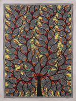 Madhubani painting, 'Fish & Bird Harmony' - Madhubani Painting of Fish and Birds in a Tree from India