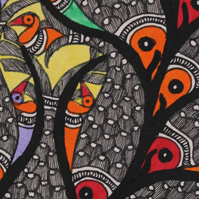 Madhubani painting, 'Fish & Bird Harmony' - Madhubani Painting of Fish and Birds in a Tree from India