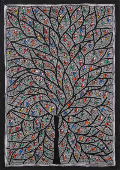 Madhubani-Gemälde - Signiertes Madhubani-Gemälde von Papageien in einem Baum aus Indien