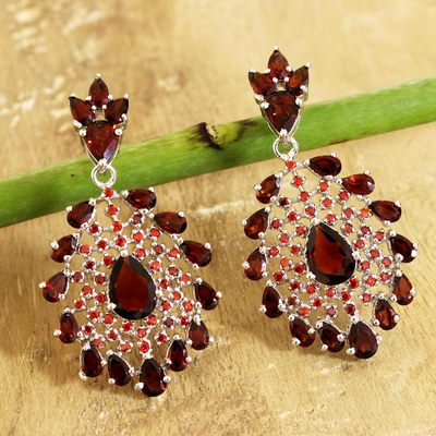 Garnet dangle earrings, 'Fiery Fanfare' - Faceted Garnet Gemstone and Sterling Silver Dangle Earrings