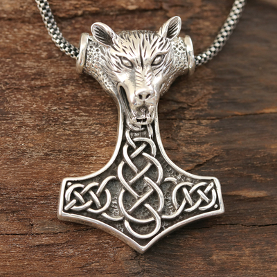 Collar con colgante de plata de ley para hombre, 'Thor Wolf' - Collar de Thor de plata de ley para hombre con lobo de la India