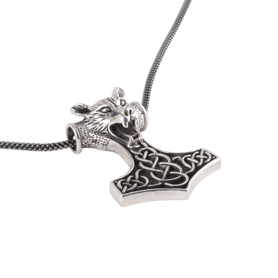 Men's sterling silver pendant necklace, 'Thor Wolf' - Men's Sterling Silver Thor Necklace with Wolf from India