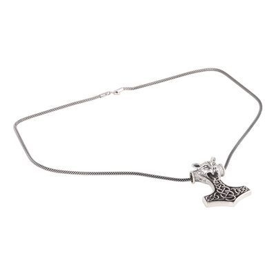 Anhänger-Halskette aus Sterlingsilber für Männer, 'Thor Wolf'. - Herren-Sterling-Silber-Thornkette mit Wolf aus Indien