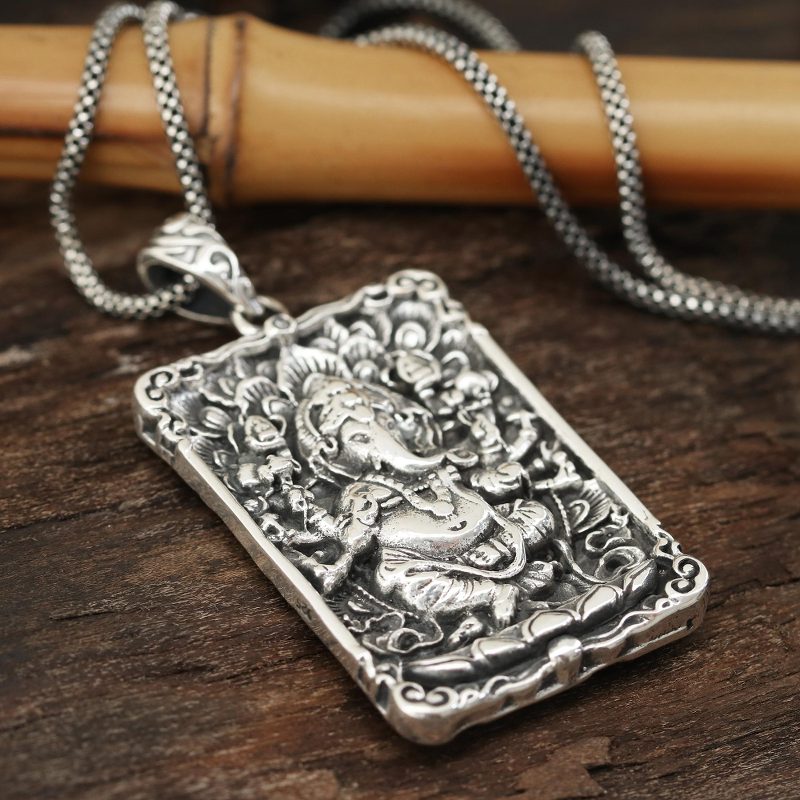Rectangular Sterling Silver Ganesha Necklace from India, 'Mahaganapati'