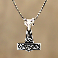 Sterling silver pendant necklace, 'Thor Fox' - Fox-Themed Sterling Silver Thor's Hammer Necklace from India