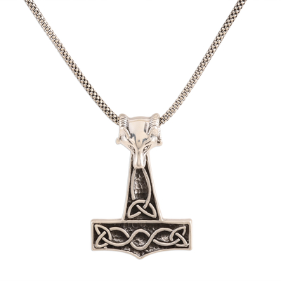 Sterling silver pendant necklace, 'Thor Fox' - Fox-Themed Sterling Silver Thor's Hammer Necklace from India