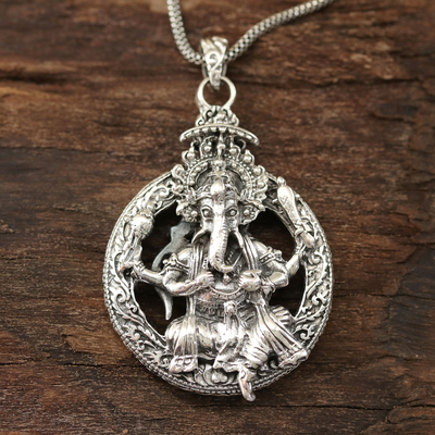 ARtisan Crafted Sterling Silver Ganesha Pendant Necklace, 'Powerful Ganesha'
