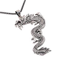 Wavy Men's Sterling Silver Dragon Necklace from India,'Dragon Majesty'