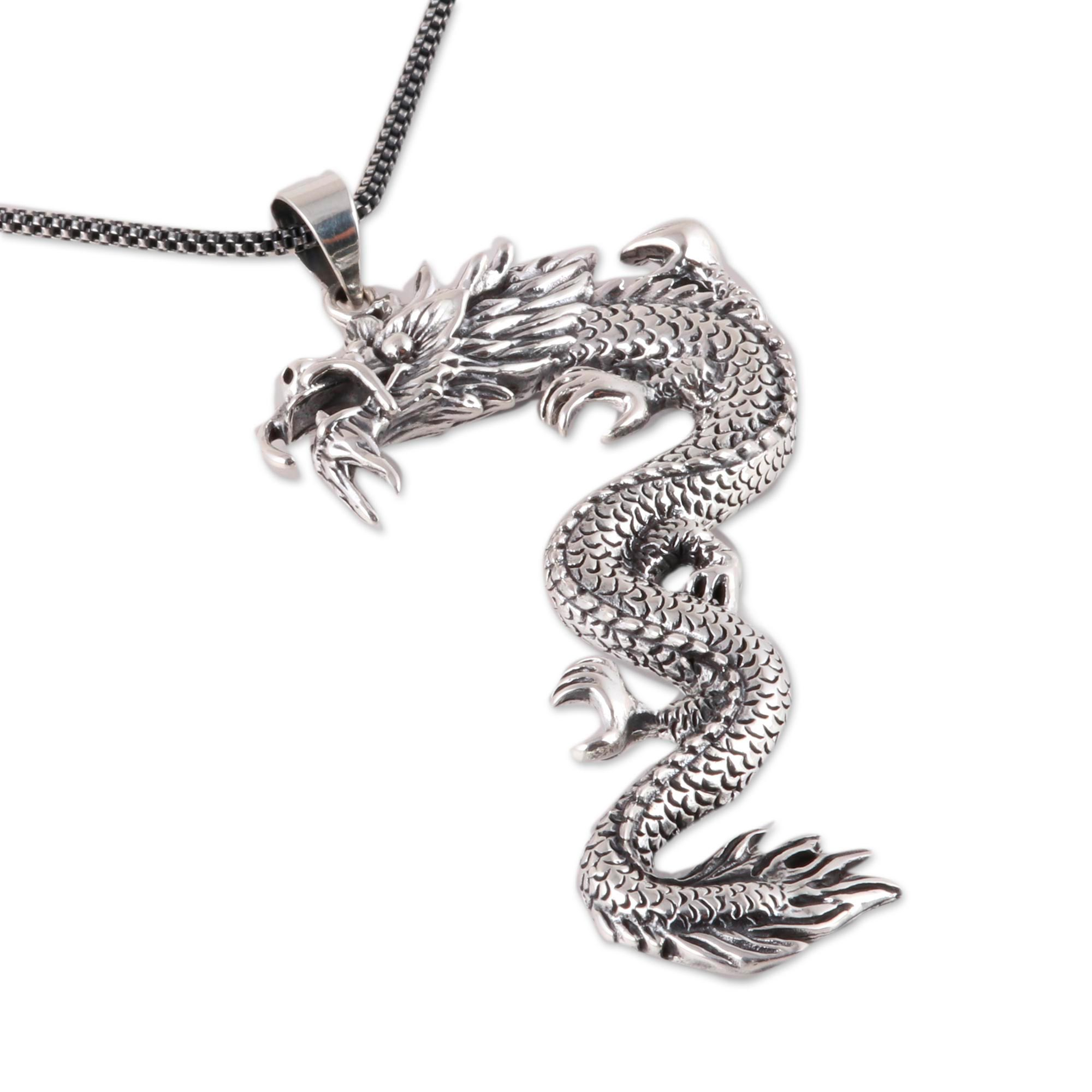 Shiny Silver Dragon Hardwood Necklace