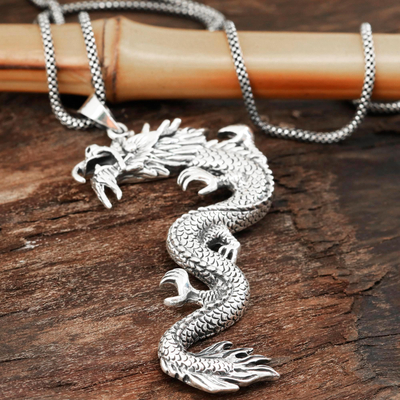 Men's sterling silver pendant necklace, 'Dragon Majesty' - Wavy Men's Sterling Silver Dragon Necklace from India