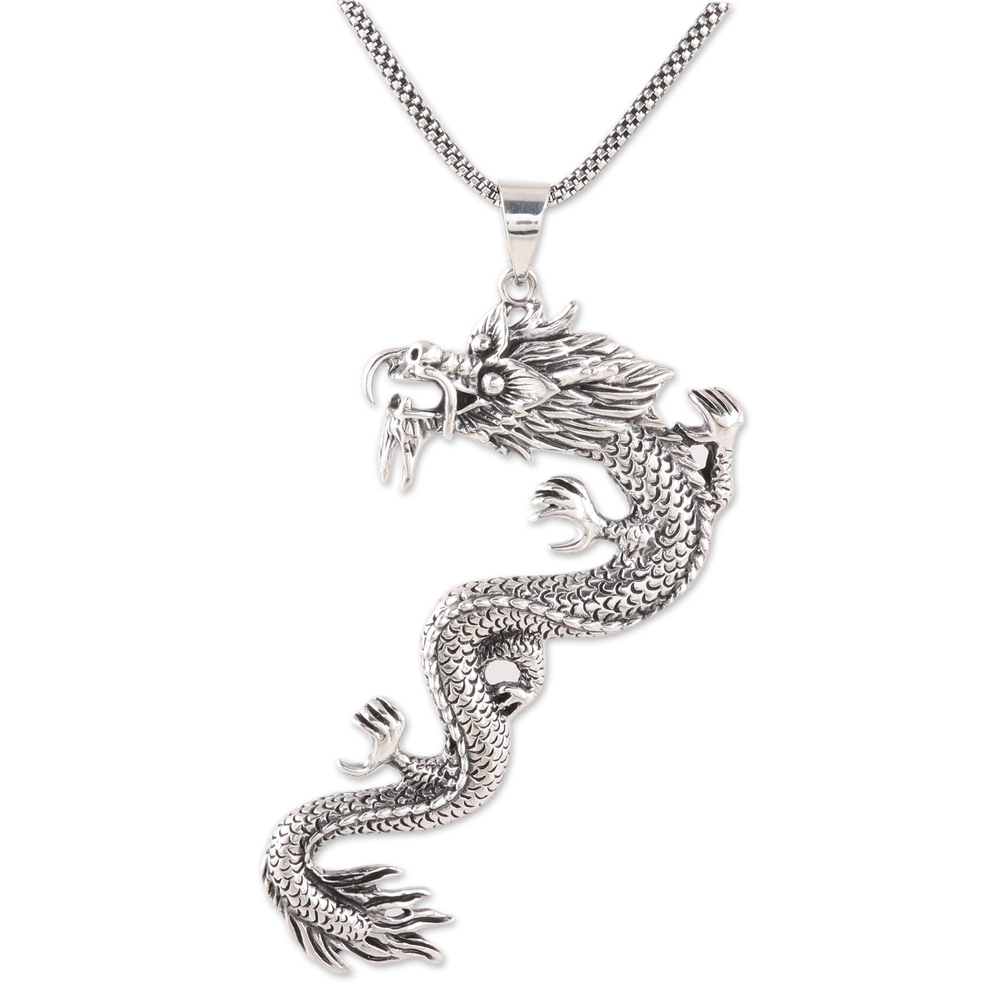 UNICEF Market Wavy Men's Sterling Silver Dragon Necklace from India