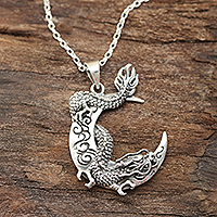 Dragon Crescent Sterling Silver Pendant Necklace from India,'Dragon Crescent'