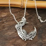 Sterling silver pendant necklace, 'Dragon Crescent' - Dragon Crescent Sterling Silver Pendant Necklace from India