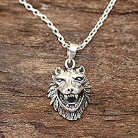 Sterling silver pendant necklace, 'Fascinating Wolf' - Sterling Silver Wolf Pendant Necklace from India