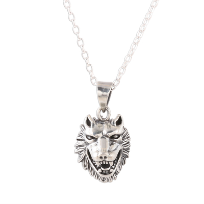 Sterling silver pendant necklace, 'Fascinating Wolf' - Sterling Silver Wolf Pendant Necklace from India