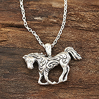 Sterling silver pendant necklace, 'Ride Like the Wind' - Swirl Pattern Sterling Silver Horse Necklace from India