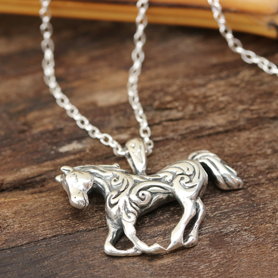 Sterling silver pendant necklace, 'Ride Like the Wind' - Swirl Pattern Sterling Silver Horse Necklace from India