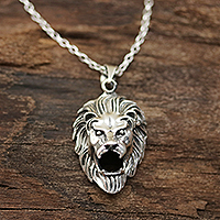 Sterling silver pendant necklace, 'Ferocious Lion' - Sterling Silver Lion Necklace Crafted in India