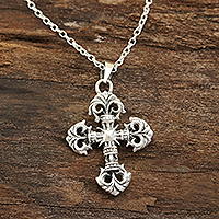 Men's sterling silver pendant necklace, 'Creative Cross' - Men's Sterling Silver Cross Pendant Necklace from