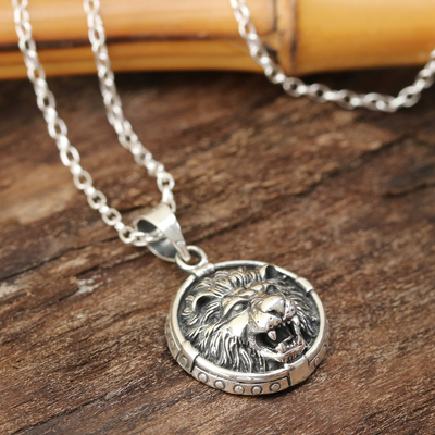 Men's sterling silver pendant necklace, 'Lion Frame' - Men's Sterling Silver Lion Pendant Necklace from India