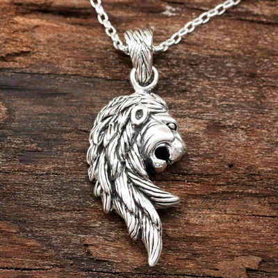 Sterling silver pendant necklace, 'Lion Curl' - Sterling Silver Lion Necklace from India