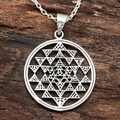 Sterling silver pendant necklace, 'Sri Yantra' - Sterling Silver Geometric Pendant Necklace from India