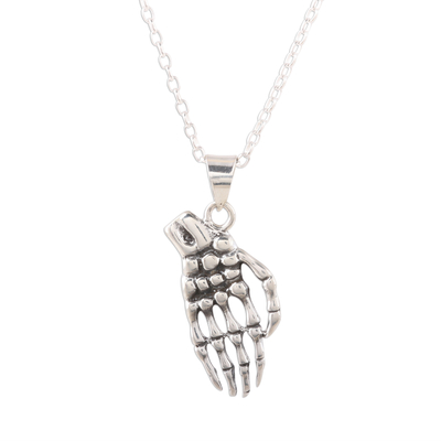 Sterling silver pendant necklace, 'Skeleton Hand' - Sterling Silver Skeleton Hand Pendant Necklace from India