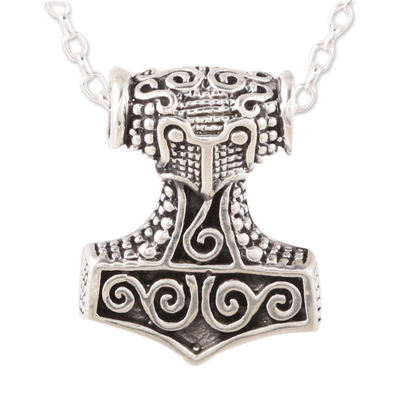 Men's sterling silver pendant necklace, 'Thor's Glory' - Men's Sterling Silver Thor Necklace Crafted in India