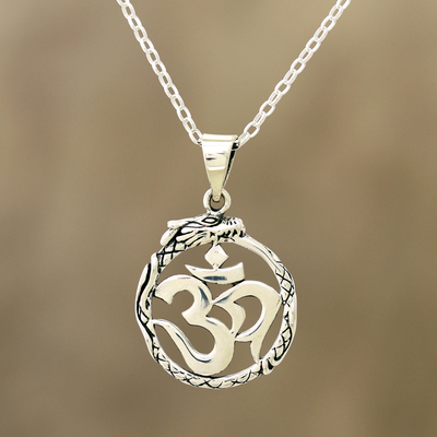 Sterling silver pendant necklace, 'Dragon Om' - Sterling Silver Dragon Om Pendant Necklace from India