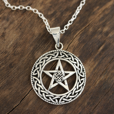 Sterling silver pendant necklace, 'Celtic Star' - Celtic Motif Sterling Star Pendant Necklace from India
