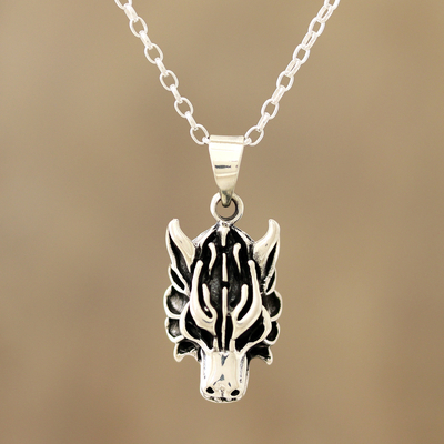 Sterling silver pendant necklace, 'Midnight Howl' - Combination-Finish Sterling Silver Wolf Pendant Necklace