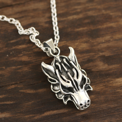 Sterling silver pendant necklace, 'Midnight Howl' - Combination-Finish Sterling Silver Wolf Pendant Necklace